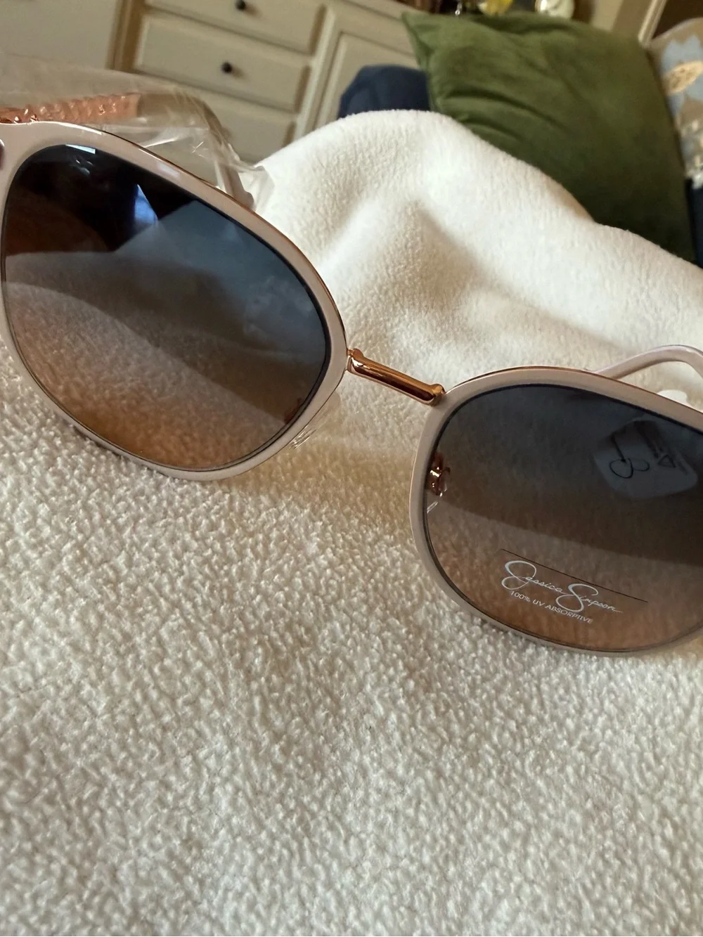 Jessica Simpson Taupe Frame Sunglasses Gradient Blue-Brown Lenses Rose Gold NWT